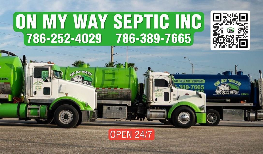On My Way Septic Inc. trucks with green-and-white logo, phone numbers, QR code, and “Open 24/7” sign