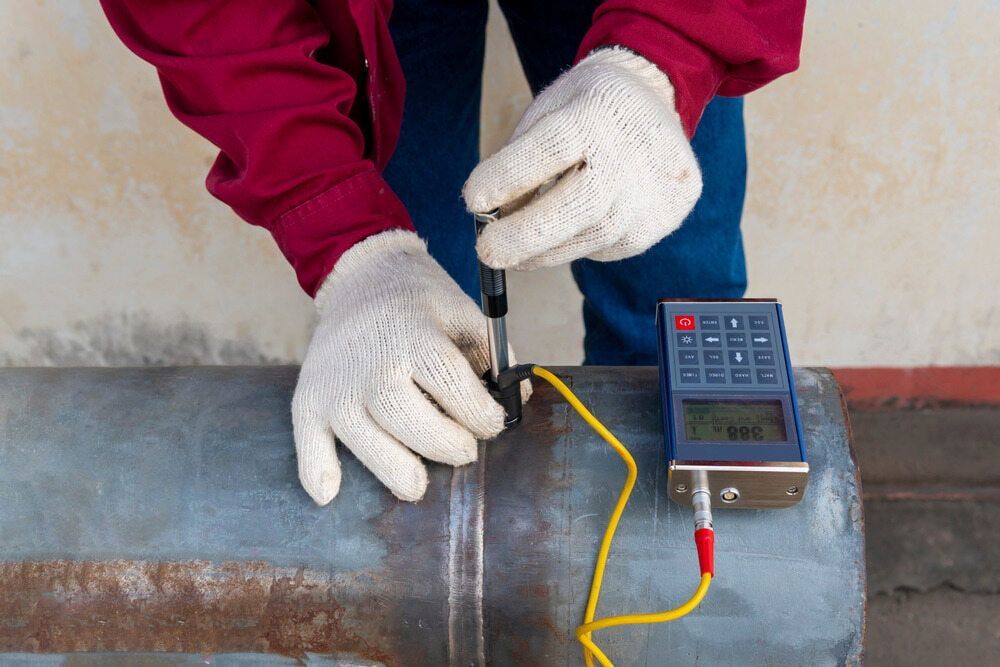 A Person in Gloves Uses an Ultrasonic Thickness Gauge — JNL Crankshaft Services in Palmerston City, NT