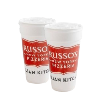 Two white disposable cups with a red and white logo for Russo's New York Pizzeria and Italian Kitchen.