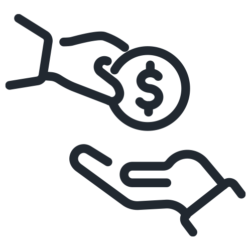 Hand giving a coin with a dollar sign to another open hand.