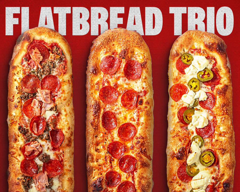 Flatbread Trio: Three oblong pizzas with various toppings, set against a red background.