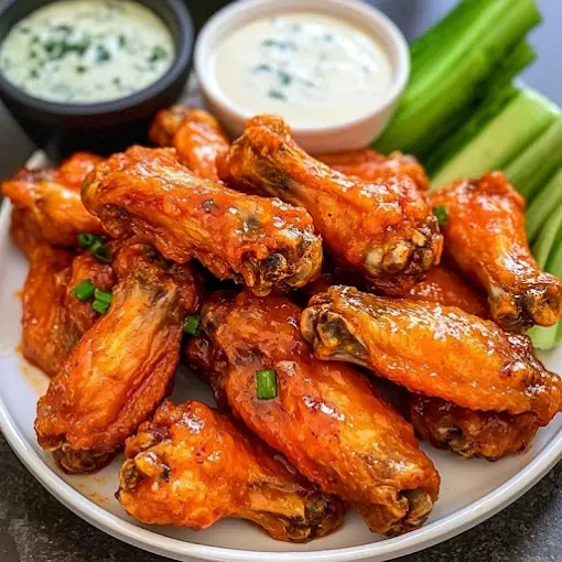 Plate of saucy buffalo chicken wings with celery sticks and two dipping sauces
