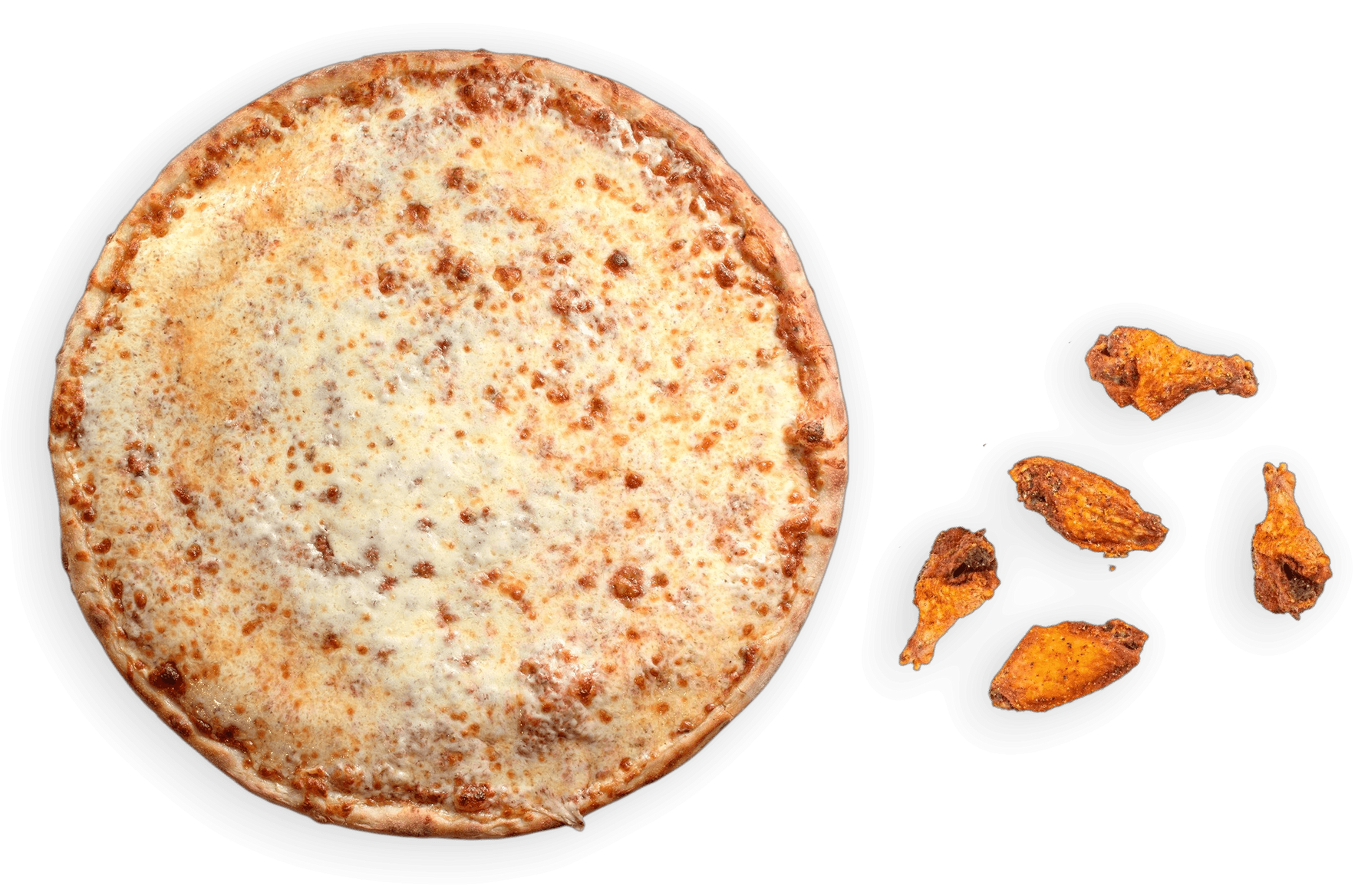 A circular cheese pizza with a golden-brown crust, viewed from directly above against a plain white background.