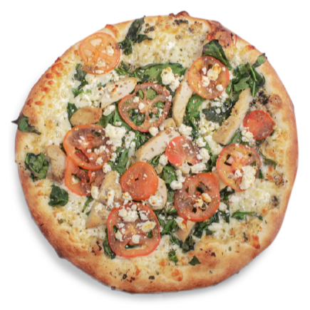 A medium 12 inch pizza topped with spinach, chicken, sliced tomatoes, and crumbled feta cheese on a light crust.