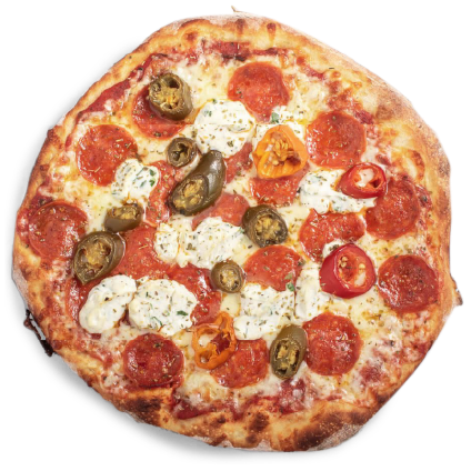 Medium 12 inch pizza topped with pepperoni, green and orange jalapeño slices, and dollops of white cheese on a white background.