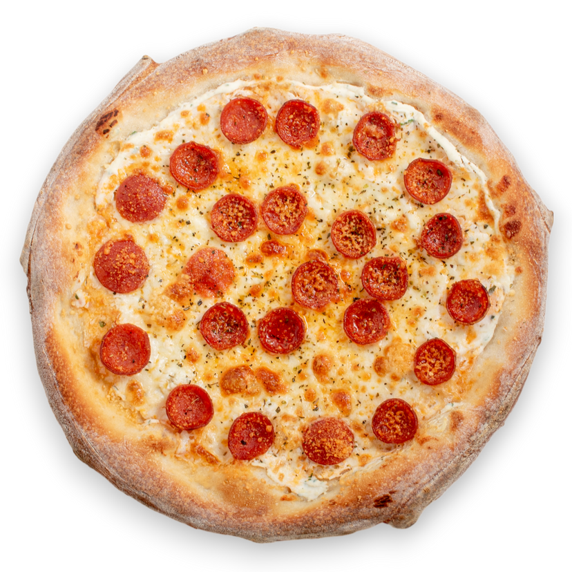 A medium 12 inch pepperoni pizza with melted ricotta cheese, Wisconsin mozzarella and a browned, crusty edge, shown from directly above.