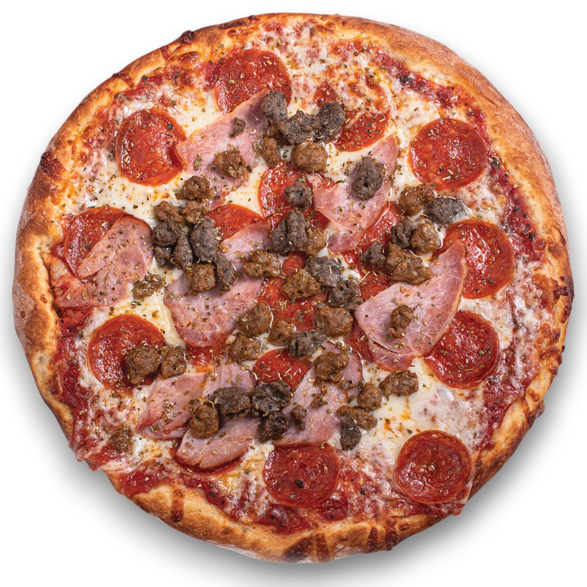 A medium 12 inch pizza topped with pepperoni, ham, and ground meat crumbles on a bed of melted cheese and tomato sauce.