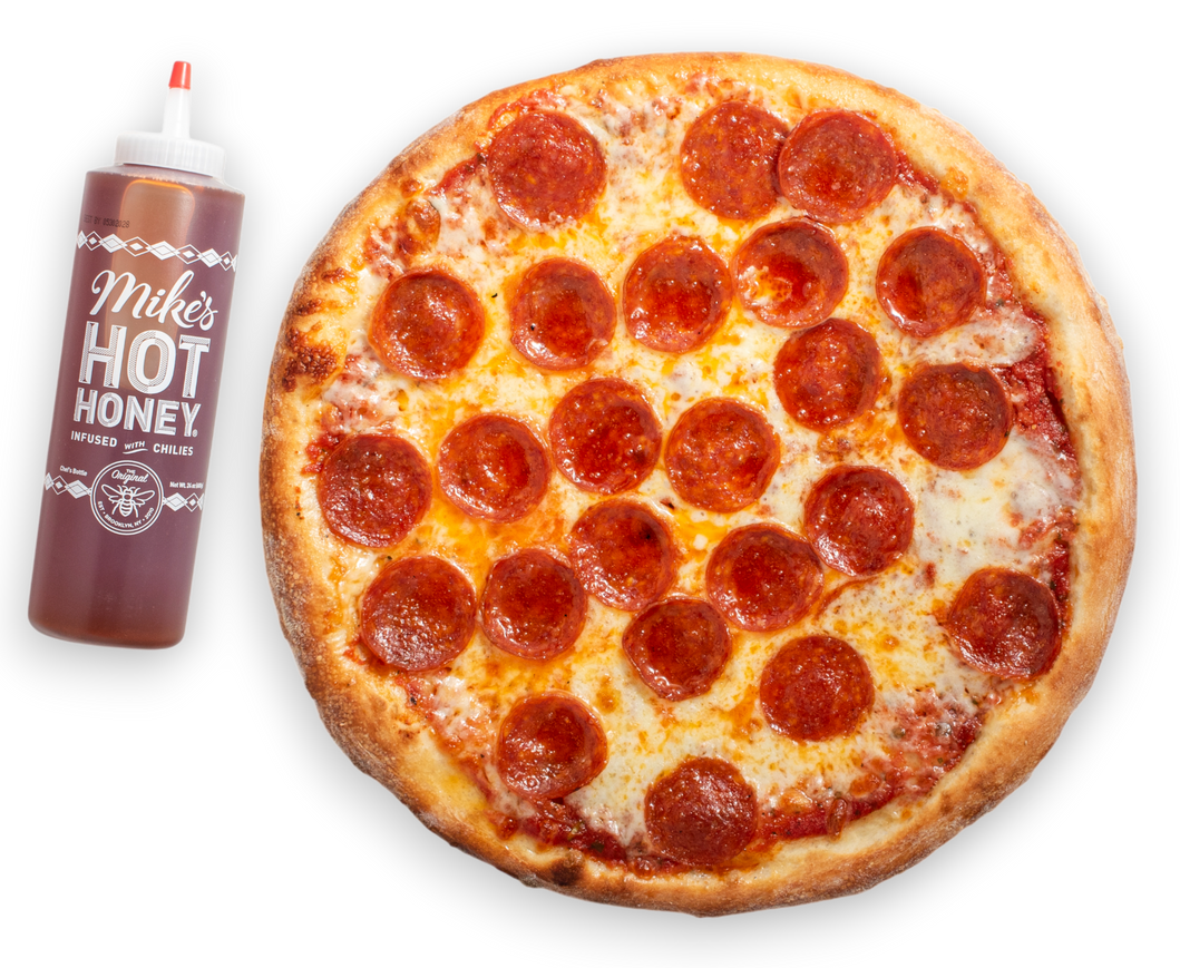 A medium 12 inch pepperoni pizza next to a bottle of Mike’s Hot Honey on a white background.