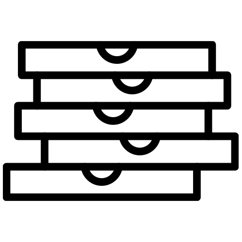 Stack of five black-outlined pizza boxes on a white background
