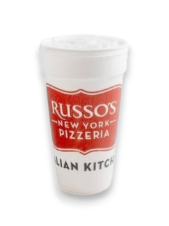 A white Russo's New York Pizzeria disposable cup with a lid, featuring the red restaurant logo.
