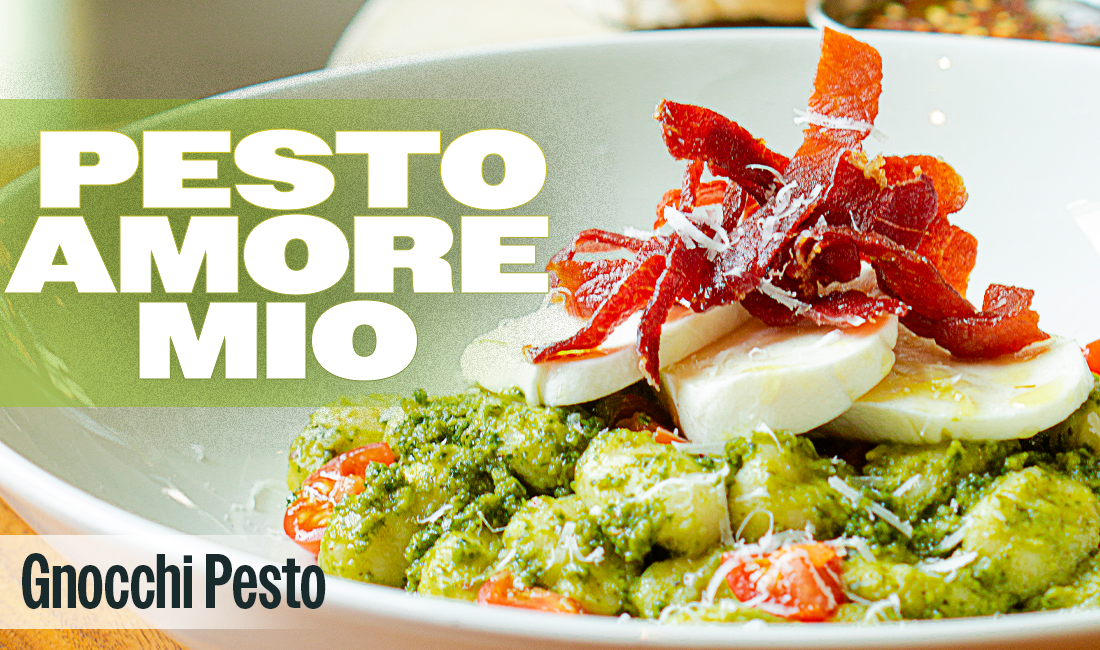 Gnocchi pesto with burrata and prosciutto, overlaid with “Pesto Amore Mio” text