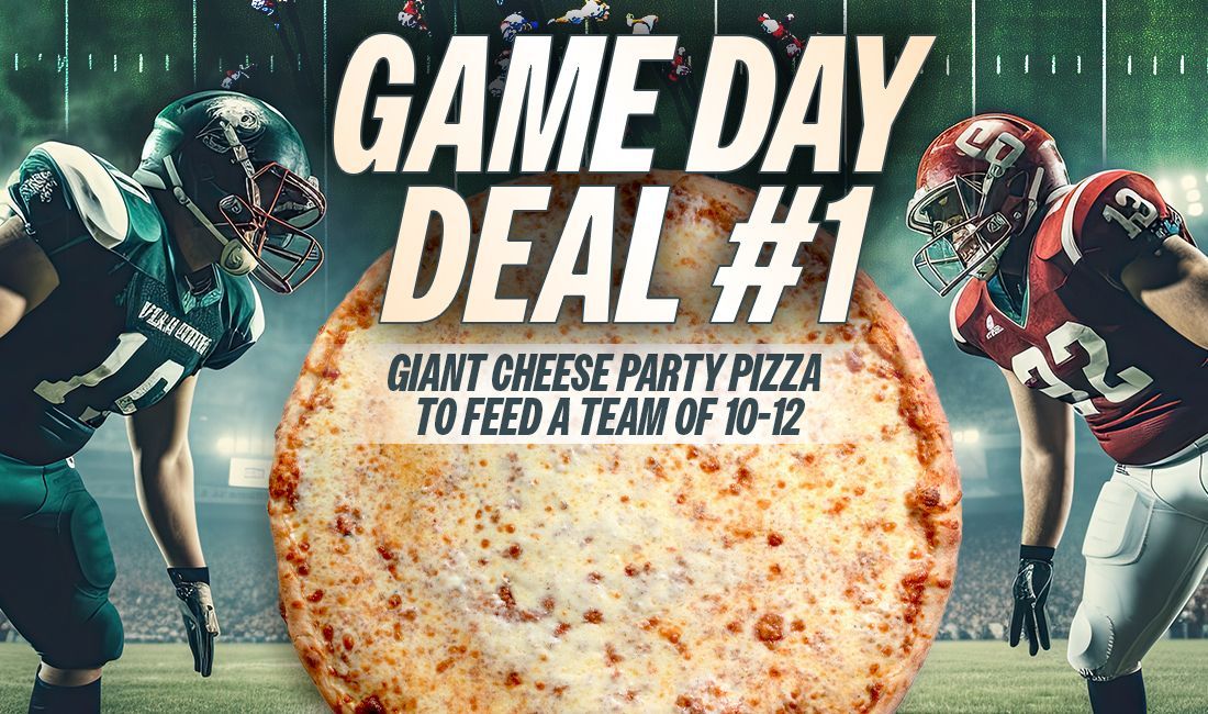 Game day pizza deal ad with two football players and a giant pepperoni pizza