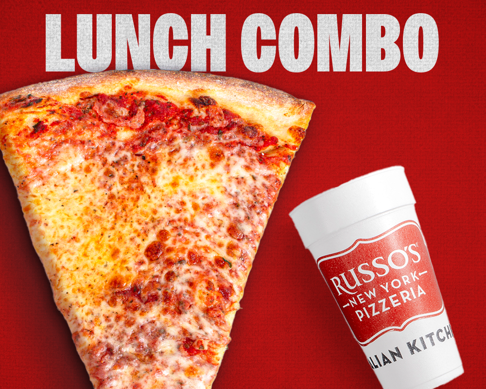 Lunch combo: Slice of cheese pizza and a drink from Russo's New York Pizzeria, on a red background.
