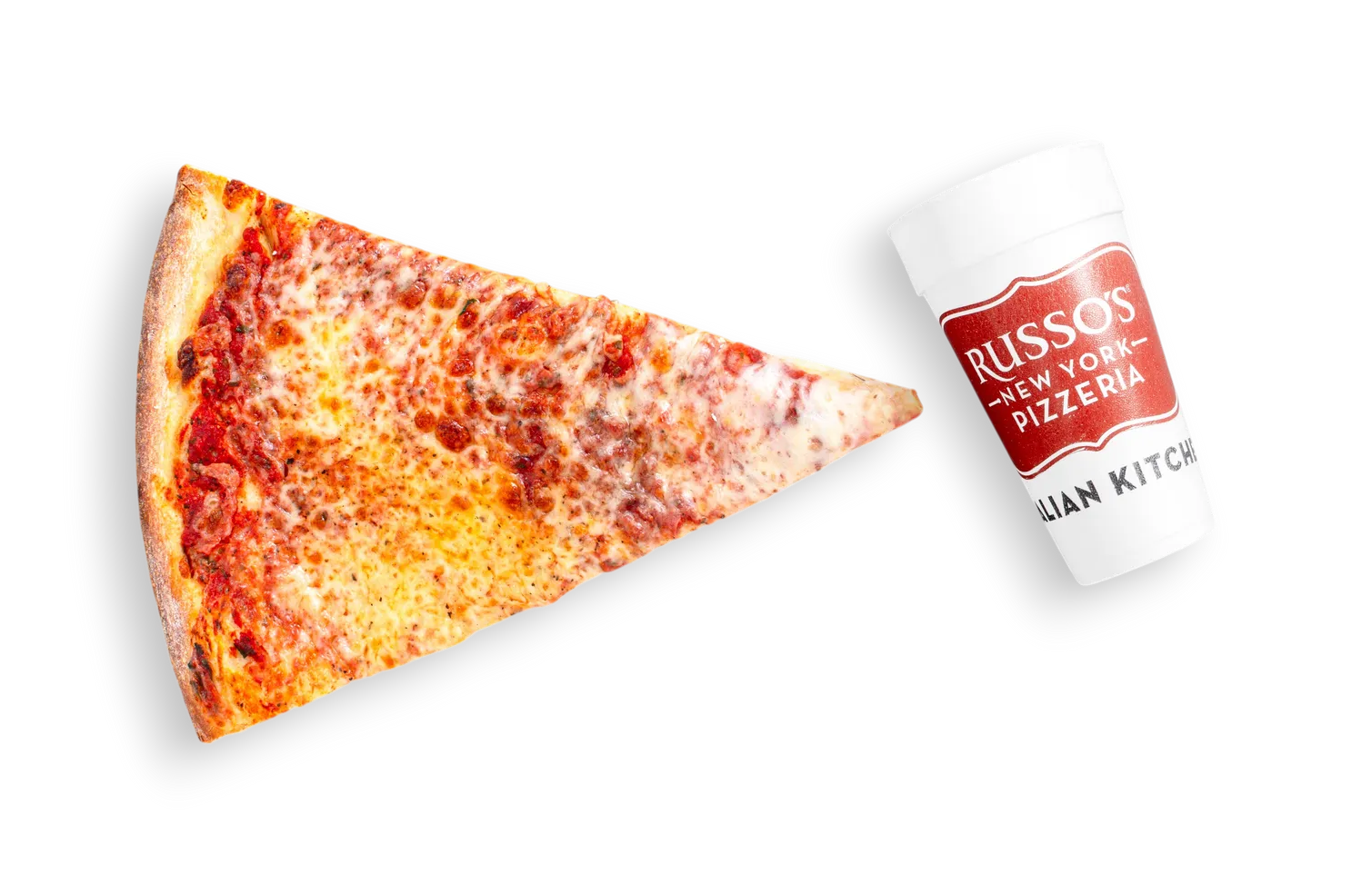 Slice of pizza next to a white container with 
