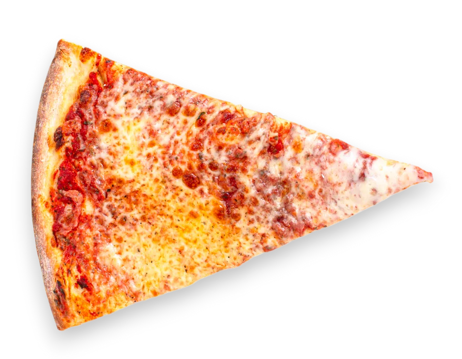 A single slice of cheese pizza with a golden-brown crust and melted cheese on red tomato sauce, set against a white background.