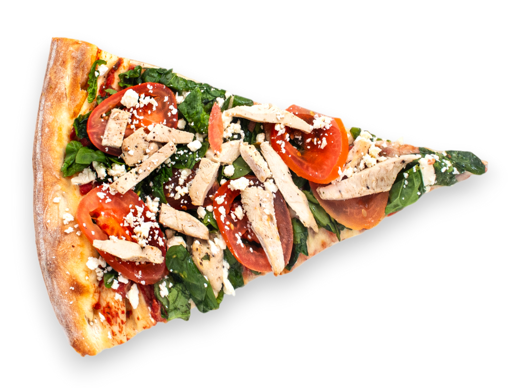 A single slice of pizza topped with sliced chicken, fresh spinach, tomatoes, and crumbled feta cheese.