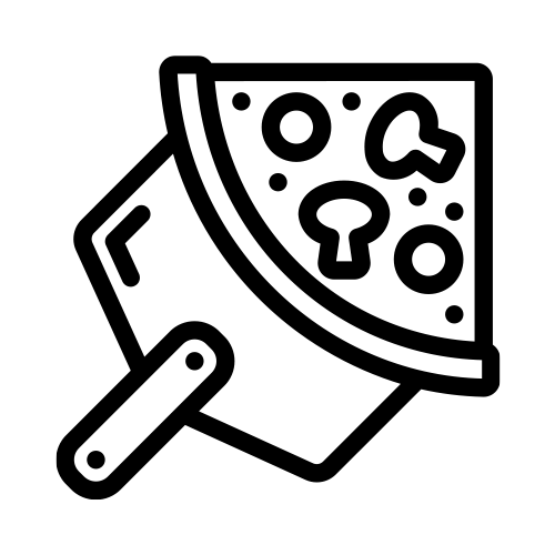 Black line icon of a pizza slice on a pizza peel