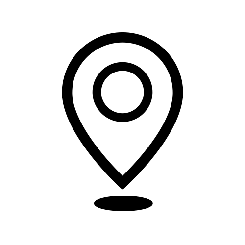 Black location pin icon with a circular center and small shadow beneath.