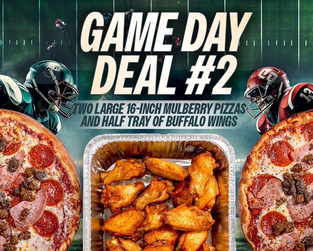 Game Day Deal #2 ad with two pizzas, buffalo wings, and text promoting large pizzas and tray of wings
