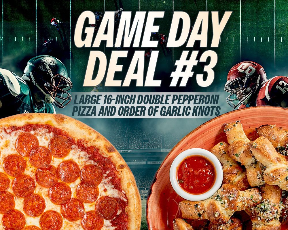 Game Day Deal #3: large pepperoni pizza and garlic knot order on a teal background