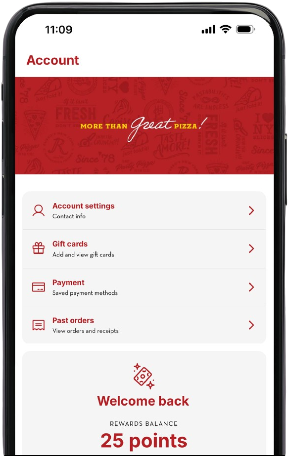 Mobile app account screen with red header, menu options, and welcome back message showing 25 points