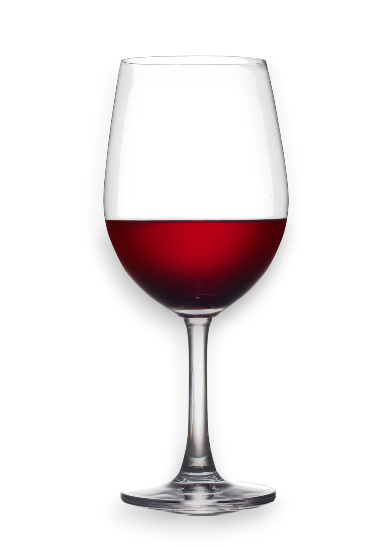 A stemless wine glass filled halfway with deep red wine, set against a plain white background.