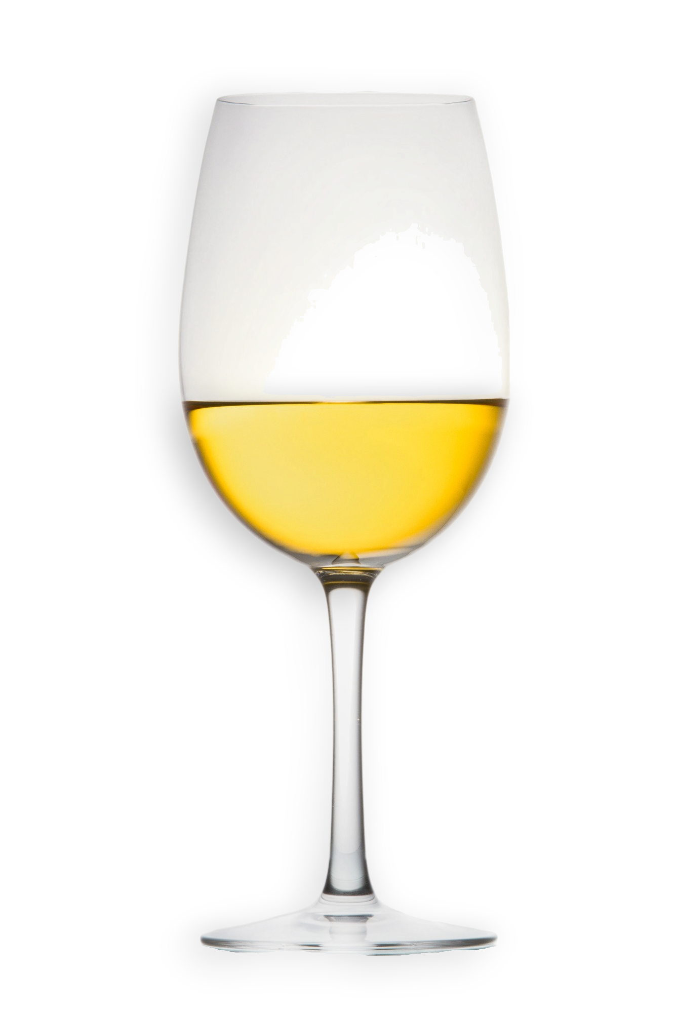 A glass filled halfway with chardonnay wine, set against a white background.