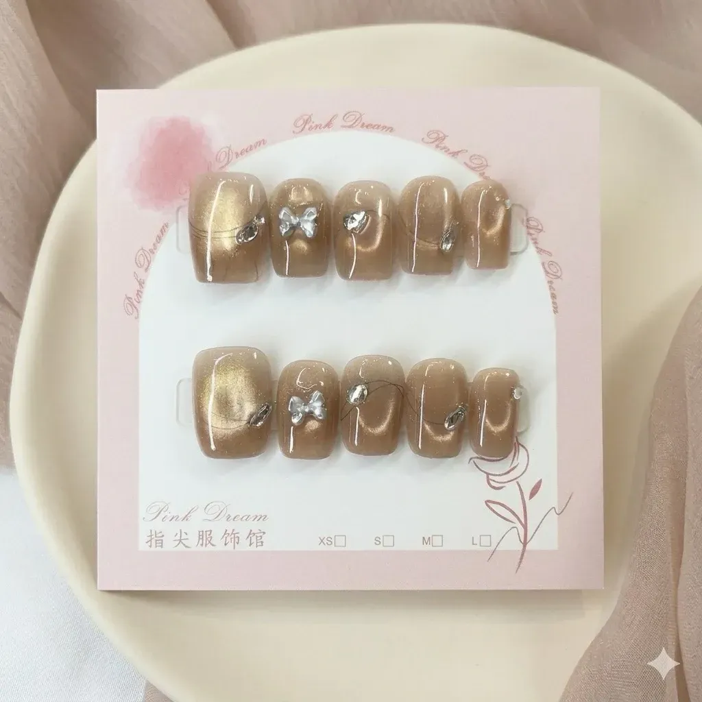 E24-1.7公分短方/法式優雅閃貓眼 原創設計手工穿戴甲/附贈工具包/附贈收納盒