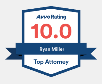 a badge that says avvo rating 10.0 ryan miller top attorney