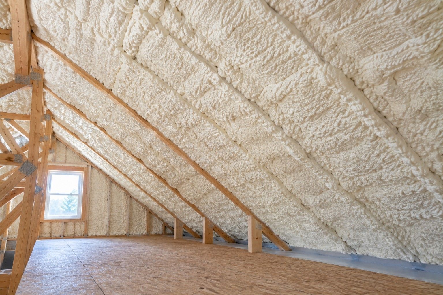 Completed attic spray foam insulation covering sloped roof decking and exposed wooden rafters, showcasing consistent foam coverage in a residential home in Taunton, Massachusetts.