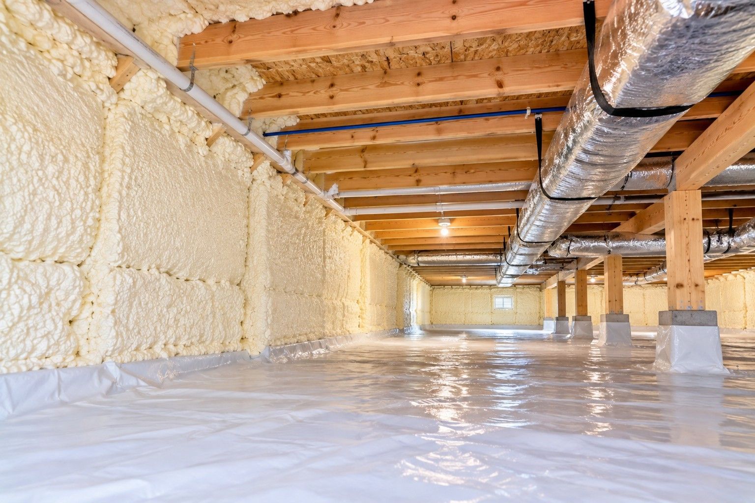 Completed crawl space spray foam insulation covering foundation walls beneath a residential home in Taunton, Massachusetts, featuring exposed wooden floor joists, HVAC ductwork, support posts, and a clean white vapor barrier.