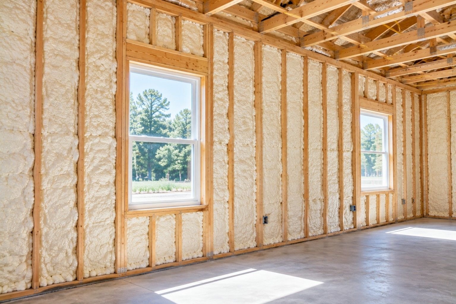 Completed spray foam wall insulation evenly applied between exposed wooden studs, featuring two windows, open ceiling framing, and consistent foam coverage inside a residential property in Taunton, Massachusetts.