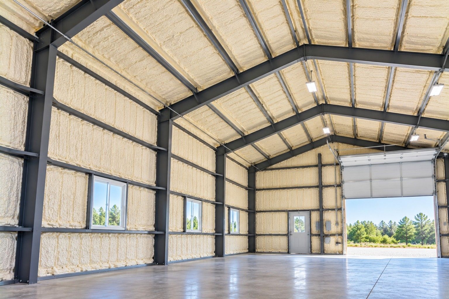 Completed metal building spray foam insulation covering interior steel walls and roof panels, featuring exposed dark steel beams, large windows, overhead lighting, and a spacious concrete floor in Taunton, Massachusetts.