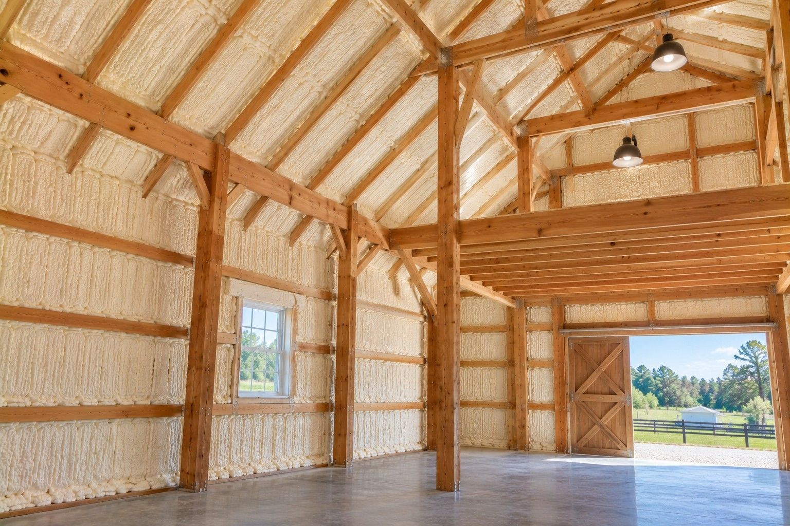 Completed pole barn spray foam insulation covering wooden walls and sloped roof panels, featuring exposed timber posts, overhead loft framing, and rustic barn doors overlooking a rural property in Taunton, Massachusetts.