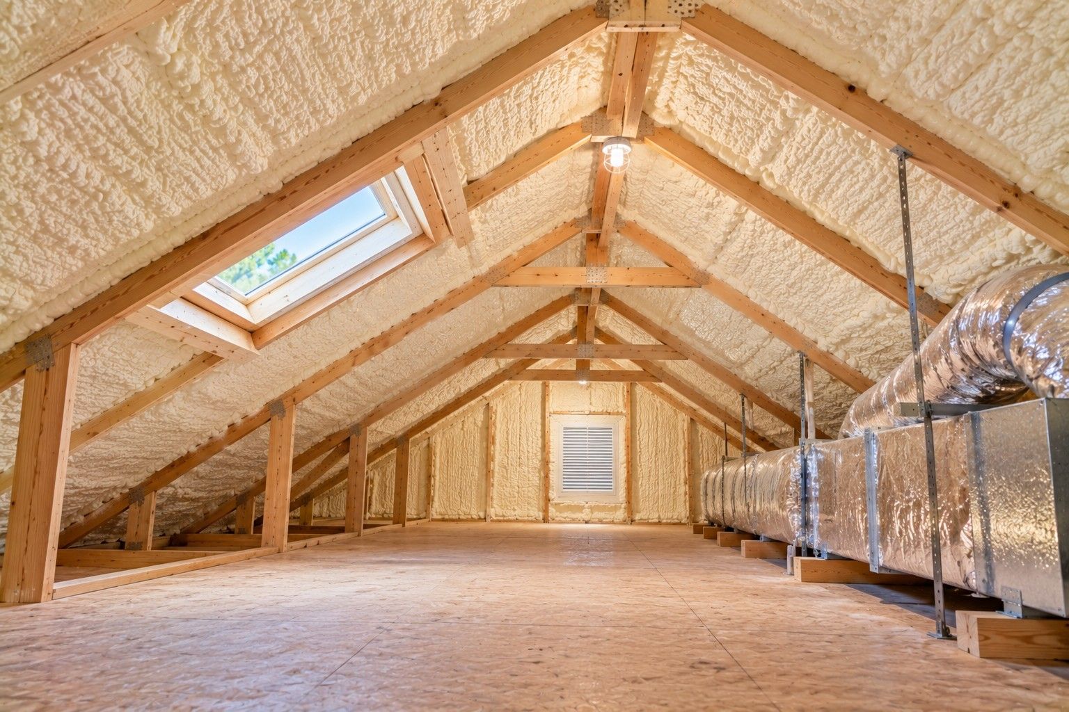 Completed attic spray foam insulation covering sloped roof decking and exposed wooden rafters, featuring a skylight, reflective HVAC ductwork, plywood flooring, and consistent foam coverage in a Taunton, Massachusetts home.