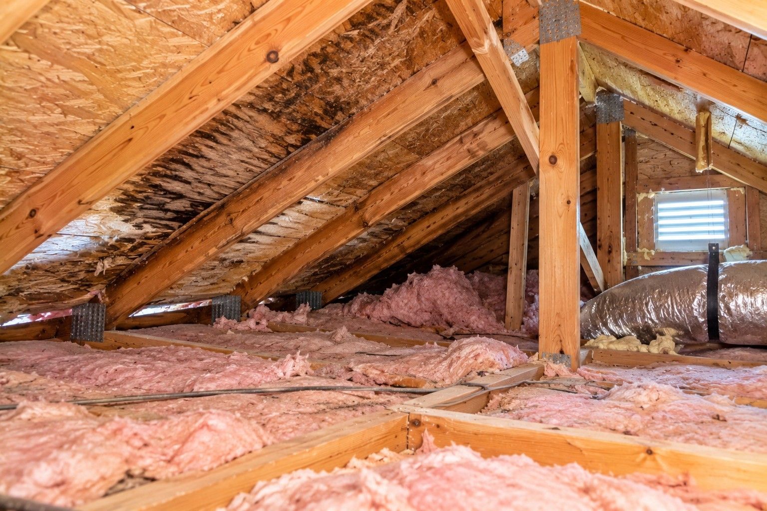 Damaged attic insulation with uneven pink fiberglass coverage, exposed wooden joists, dark moisture stains on roof decking, and visible gaps in a residential attic in Taunton, Massachusetts.