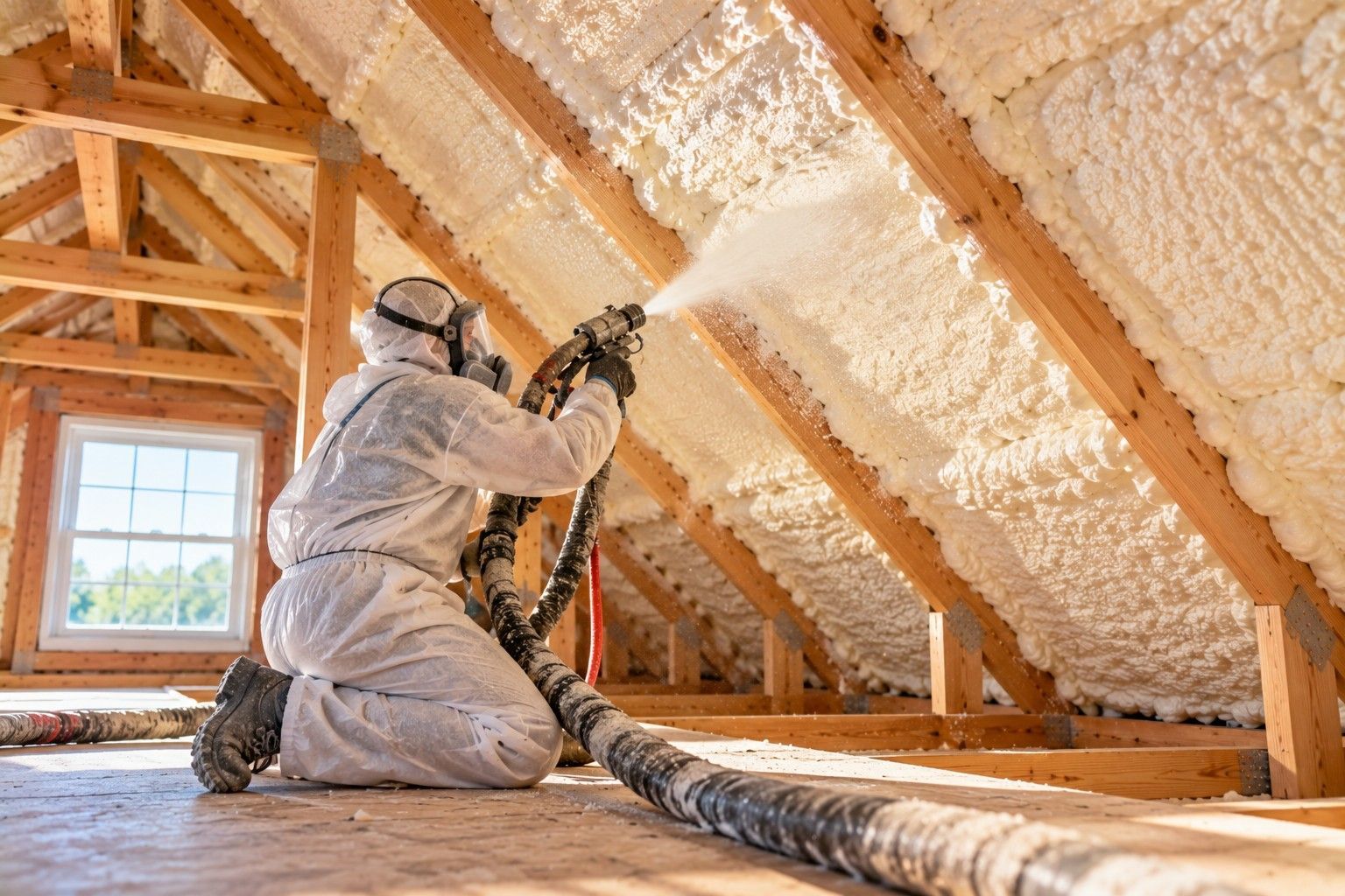 Professional attic insulation contractor wearing full protective gear and a respirator applying spray foam insulation to sloped roof decking between exposed wooden rafters in a residential attic in Taunton, Massachusetts.