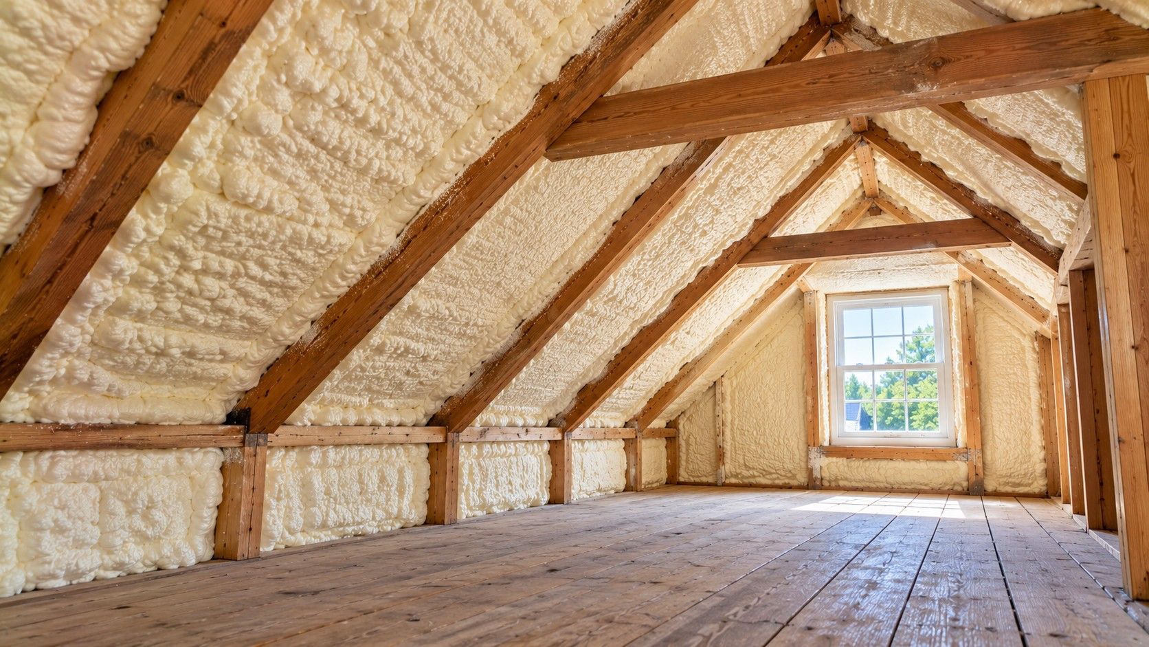 Completed spray foam insulation along sloped roof rafters and knee walls inside a traditional Cape Cod-style attic in Taunton, Massachusetts.