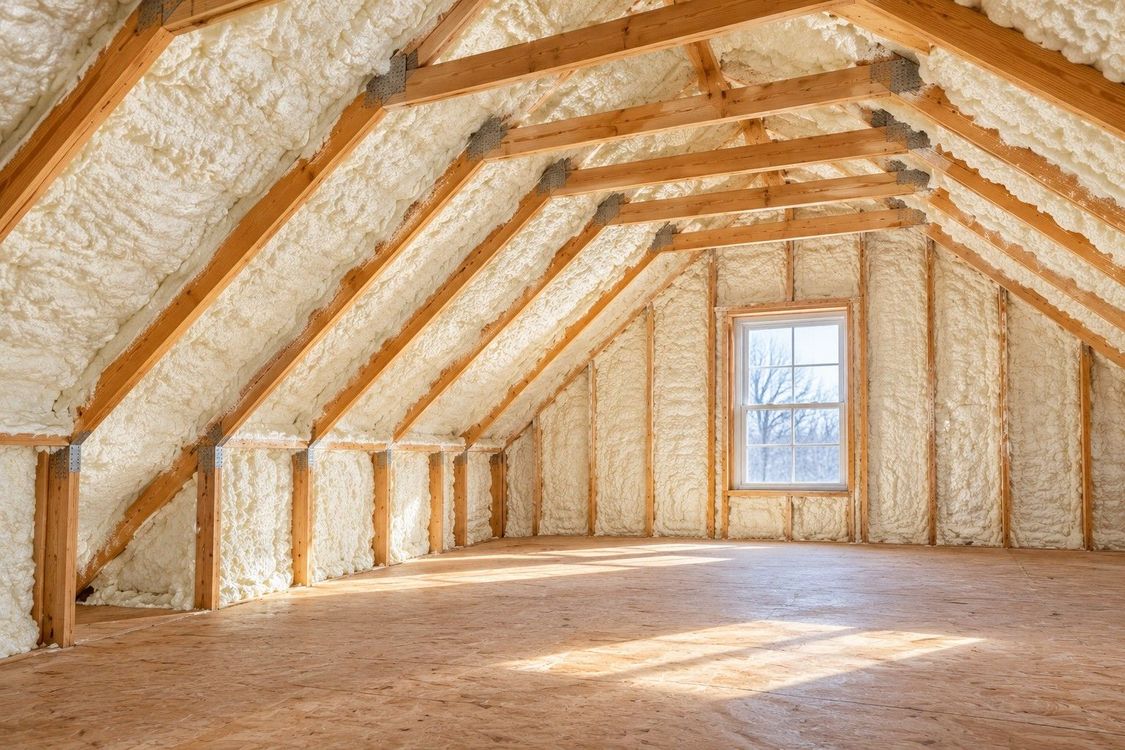 Completed spray foam insulation covering attic roof rafters and wall cavities, showcasing professional installation and consistent insulation coverage in a Fall River, Massachusetts home.