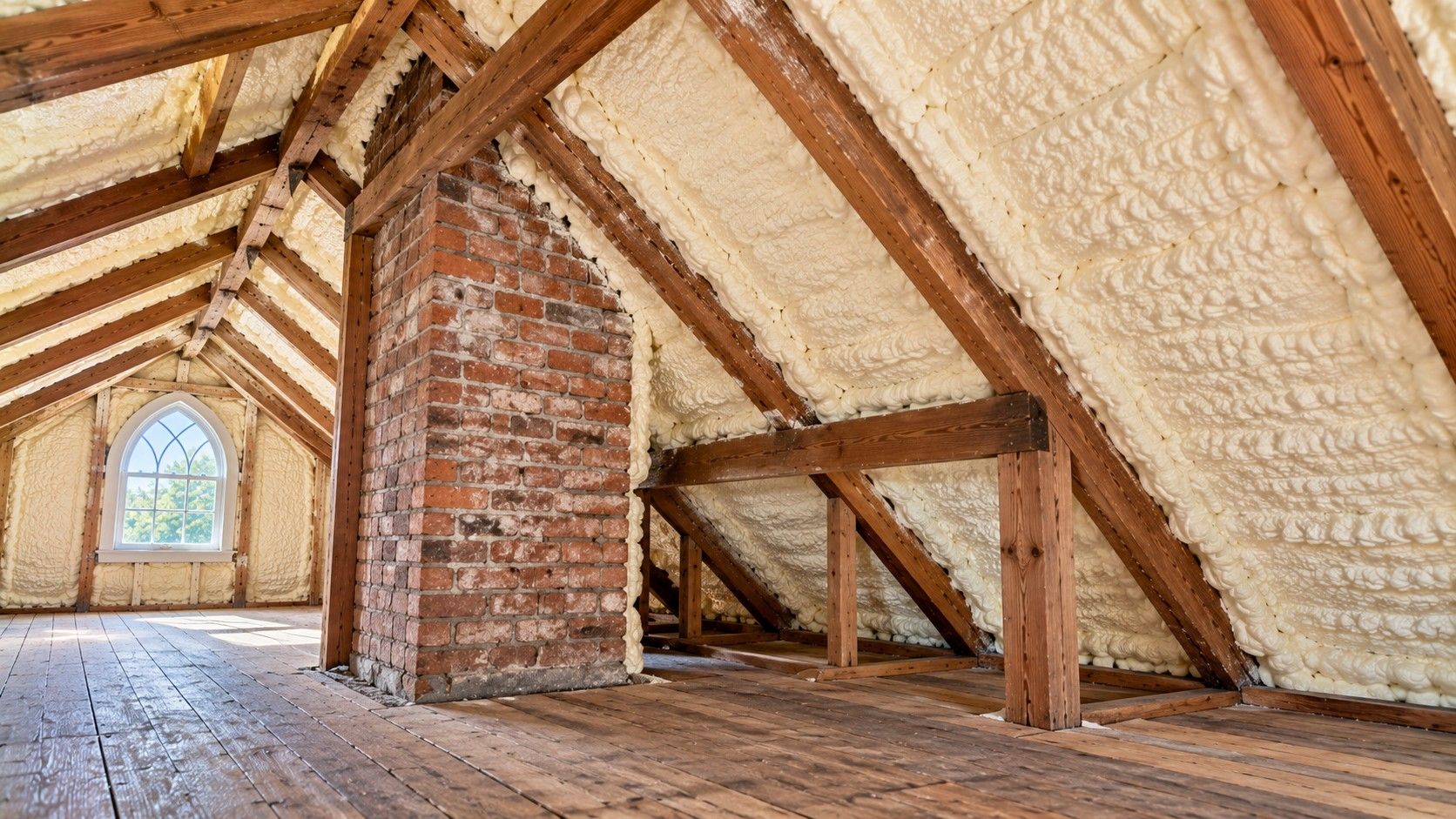 Completed spray foam insulation between aged wooden roof rafters near a brick chimney inside a renovated historic attic in Taunton, Massachusetts.