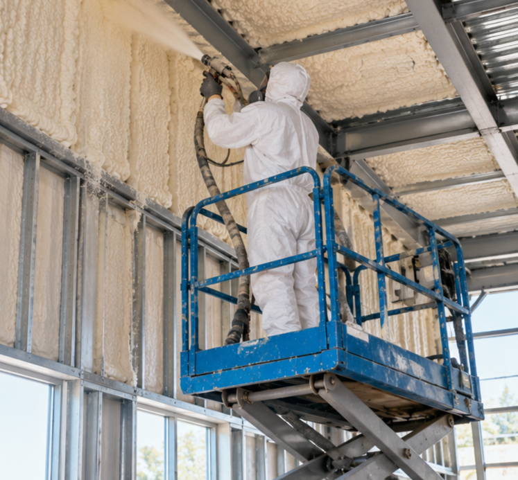 Professional spray foam insulation contractor wearing full white protective gear and a respirator applying spray foam to interior steel walls inside a commercial metal building in Fall River, Massachusetts.
