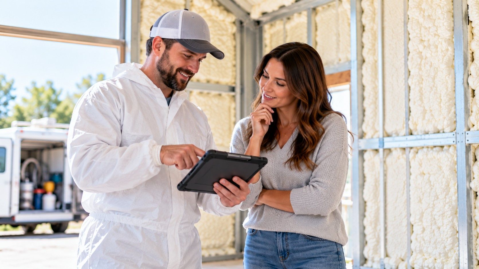 Professional spray foam insulation contractor wearing white protective coveralls discussing project scheduling, response times, and installation details with a homeowner using a tablet beside insulated walls in Fall River, Massachusetts.