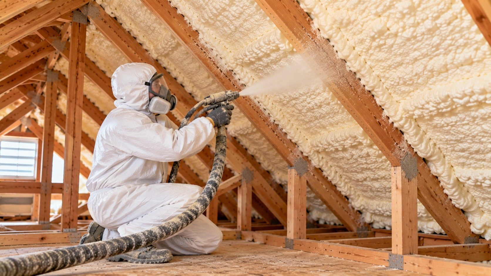 Professional attic insulation contractor wearing full white protective gear, gloves, and a respirator applying spray foam insulation between exposed wooden roof rafters inside a residential attic in Fall River, Massachusetts.