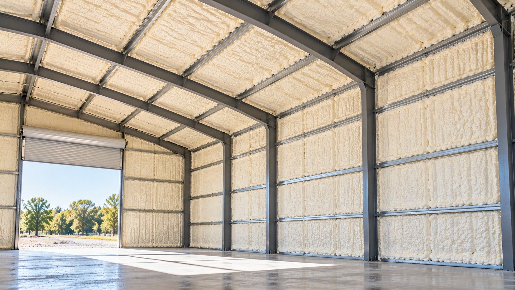 Completed spray foam insulation covering interior steel walls and ceiling panels inside a spacious commercial metal building in Fall River, Massachusetts, featuring exposed steel beams, a concrete floor, and a large roll-up door.