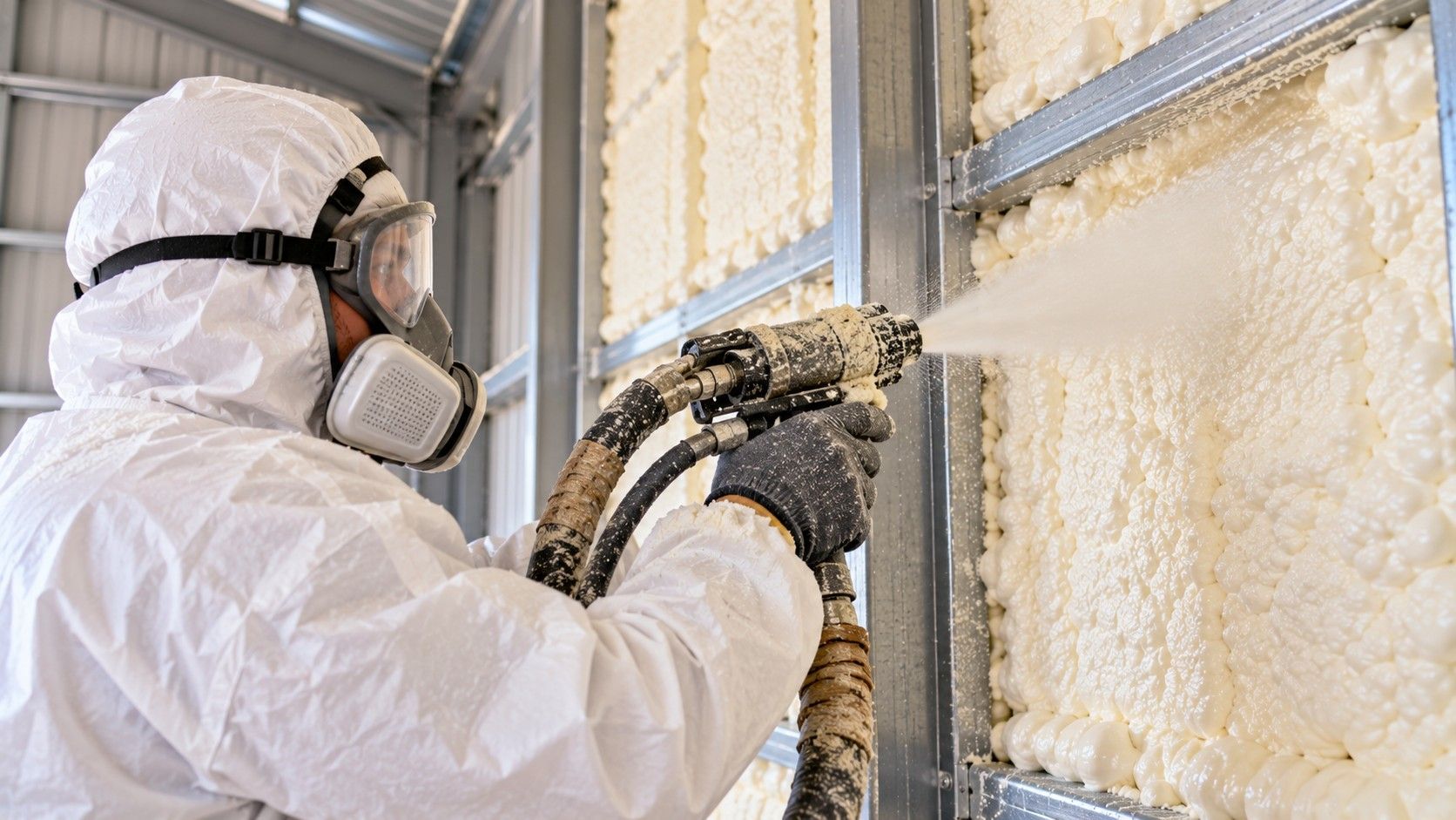 Close-up of a professional spray foam insulation contractor wearing full white protective gear, gloves, and a respirator applying spray foam insulation between metal wall studs inside a commercial building in Fall River, Massachusetts.