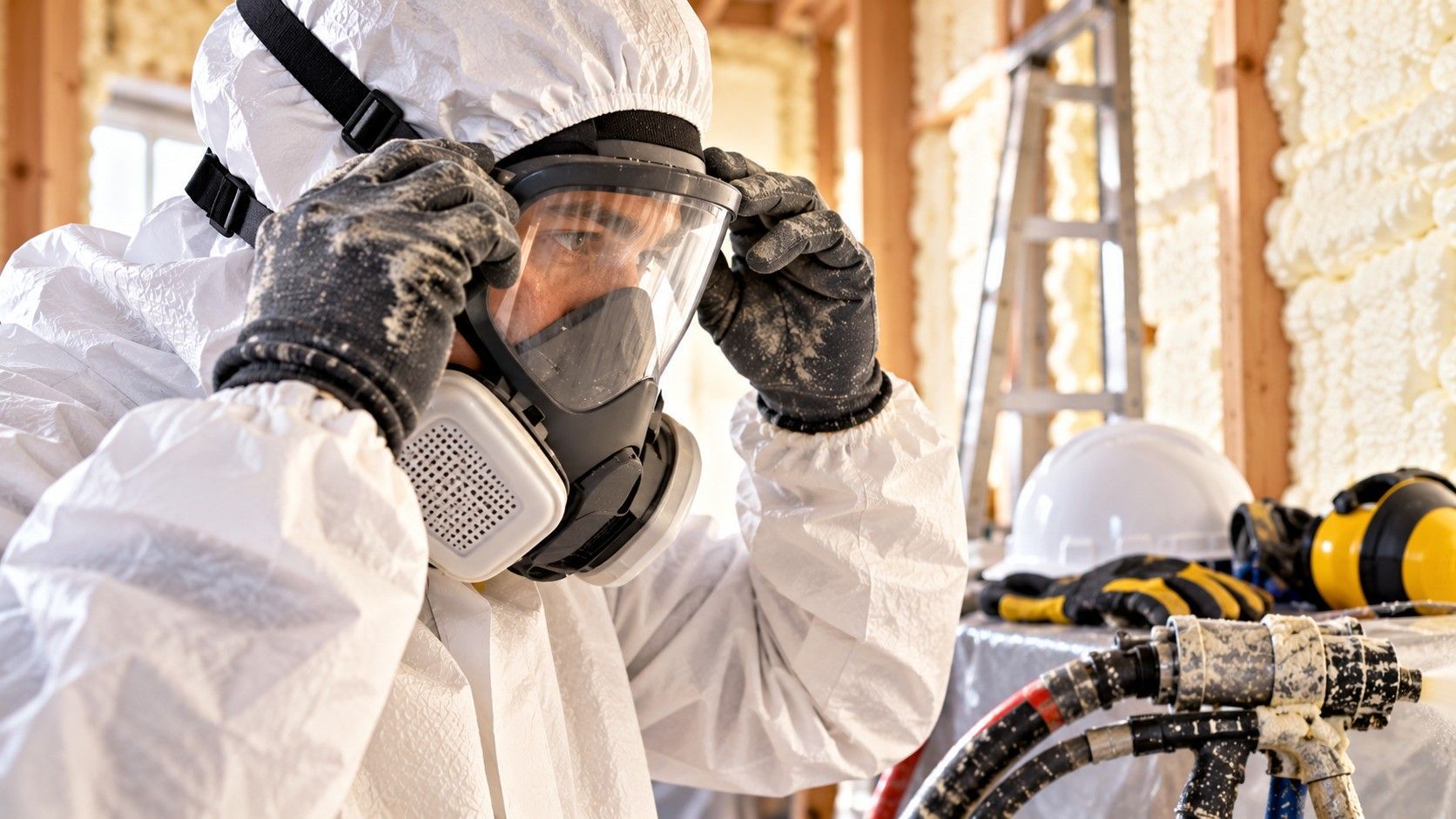 Close-up of a professional spray foam insulation technician wearing full white protective gear, safety gloves, and a full-face respirator while adjusting protective equipment before insulation installation in Fall River, Massachusetts.