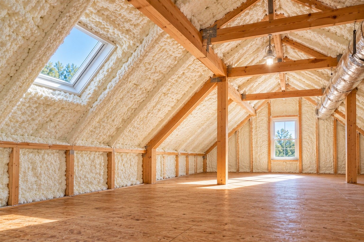 Completed attic spray foam insulation covering sloped roof decking and wall cavities, featuring exposed wooden beams, a skylight, and HVAC ductwork in a Fall River, Massachusetts home.