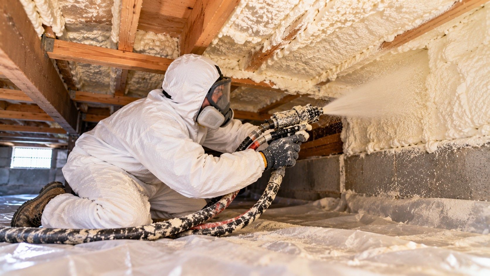 Professional crawl space insulation contractor wearing full white protective gear, gloves, and a respirator applying spray foam insulation along wooden floor joists and concrete foundation walls inside a residential crawl space in Fall River, Massachusetts.