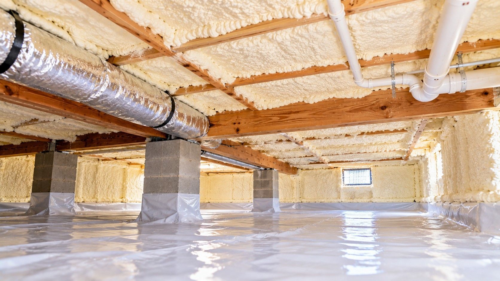 Completed crawl space spray foam insulation covering wooden floor joists and foundation walls, featuring exposed support beams, concrete block piers, insulated HVAC ductwork, PVC pipes, and a sealed floor vapor barrier in Fall River, Massachusetts.