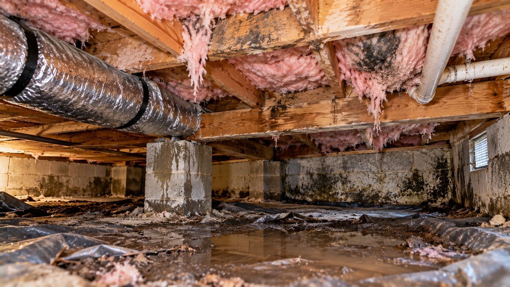 Damaged crawl space insulation with sagging pink fiberglass, moisture-stained wooden floor joists, mold growth on concrete foundation walls, standing water, and a torn vapor barrier inside a residential crawl space in Fall River, Massachusetts.